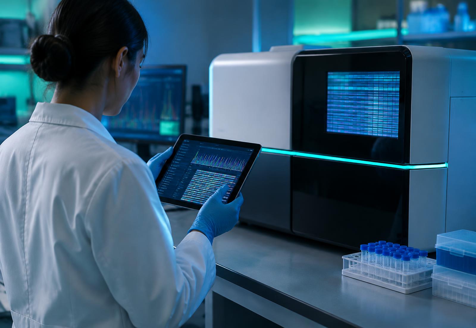 Laboratory scientist reviewing sequencing data beside an NGS instrument