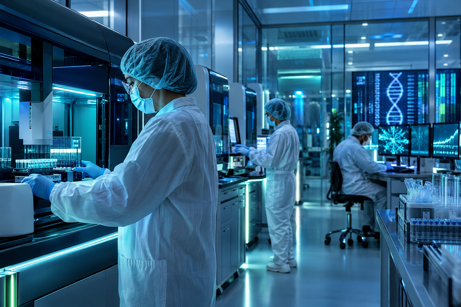 Clinical laboratory scientist reviewing molecular assay data for an AMA PLA code application under navy and teal ambient lighting